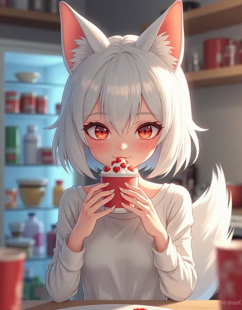 cute子狐の幽霊１body、open refrigerator and kitchen、cup is secretly eating pudding、mischievous expression、Matthew Piece, best quality, Ghost illustration, Super Detailed, fine, high resolution, 8K Wallpaper, perfect dynamic composition, beautiful detailed eyes, women's fashion summer,short bob hair,small breasts natural color lip, bold sexy pose,smile,20 year old girl１Human ghosts、cute、attractive staring at the camera、photo realistic