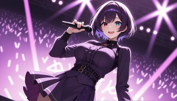 top quality, high resolution, Parameter Masterpiece, great quality , 非常にhigh resolution,1girl, Japanese female idols sing and dance passionately on stage、while the audience's cheers echo through、Colorful lights illuminate her, is wearing ornaments, short s...