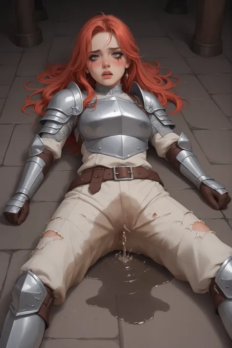 8k high resolution, best quality, dutch girl dressed as knight, dungeons and dragons style, wavery strawberryred hair, 20 years old,  leather riding breeches and silver breastplate, laying defeated and bruised at the ground, lost fight with goblins, wearin...