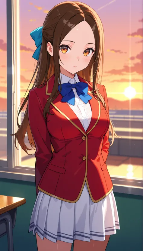  Masterpiece, hd, best quality, 1girl, kiyotaka_ayanokouji, long hair, hair bow, brown hair, medium breasts , forehead, parted bangs, school uniform, red blazer, blue bowtie , white lace shirt, white pleated skirt,thigh, standing ,model posing, indoor ,glo...