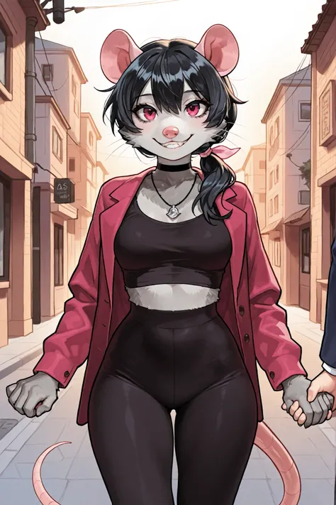 "A cute, stylized anthropomorphic female opossum with a clearly animalistic opossum muzzle — long, narrow snout with a small pink nose and visible whiskers. She has smooth light gray fur, large rounded pink ears with darker outer edges, and small pointed t...