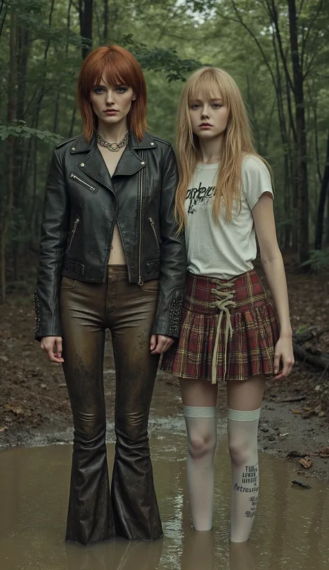 surreal, illustration, (1 woman, mid-aged, 40 years old, with bags under her eyes, copper-brown short haircut, in a faded dirty leather jacket and faded tight flared biker dirty leather pants with laces) and (1 girl, fragile, 20 years old, long blond hair,...