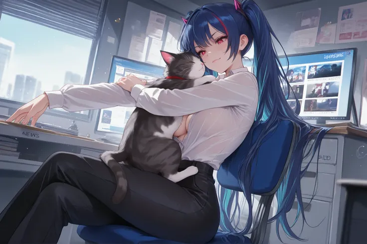 Dratena Belbury , masterpiece , best quality , amazing quality , 1girl , NSFW , chromatic aberration , very long hair , Red eyes, twintails , breasts, News studio, desk, White shirt, pants, serious expression, cat, Smile, hugs the cat, weather board, red s...