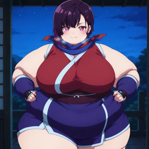 anime screencap, masterpiece, best quality,

1girl, solo, closed mouth, smile, blush, naughty
asymmetrical bangs, short hair, purple hair, multicolored eyes, white pupils, hairclip,
 Ninja clothes , huge breast, 乳房漏奶, legs black stocking,,pose, 
looking at...