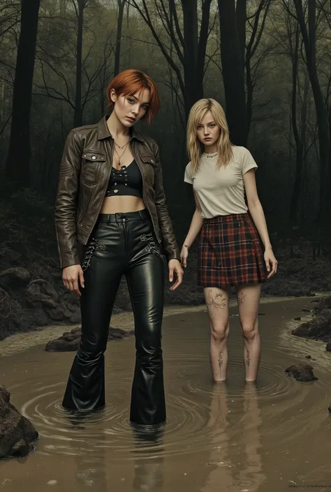 western, illustration, (1 woman, mid-aged, 40 years old, with bags under her eyes, copper-brunette short haircut, in a faded leather jacket with laces and faded ugly tight flared biker leather pants with laces) and (1 girl, fragile, 20 years old, long blon...