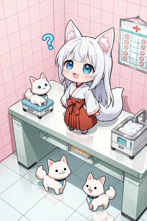 ((Masterpiece)),((best quality)),((incredibly absurdres)),((8K)),(anime style),chibi,
1 ((chibi girl)),(solo),white hair,long hair,straight hair,blue eyes,cute,kawaii,BREAK (white fox ears,white fox tail),white ear hair,pink inner ear,
(miko),Maiden miko o...