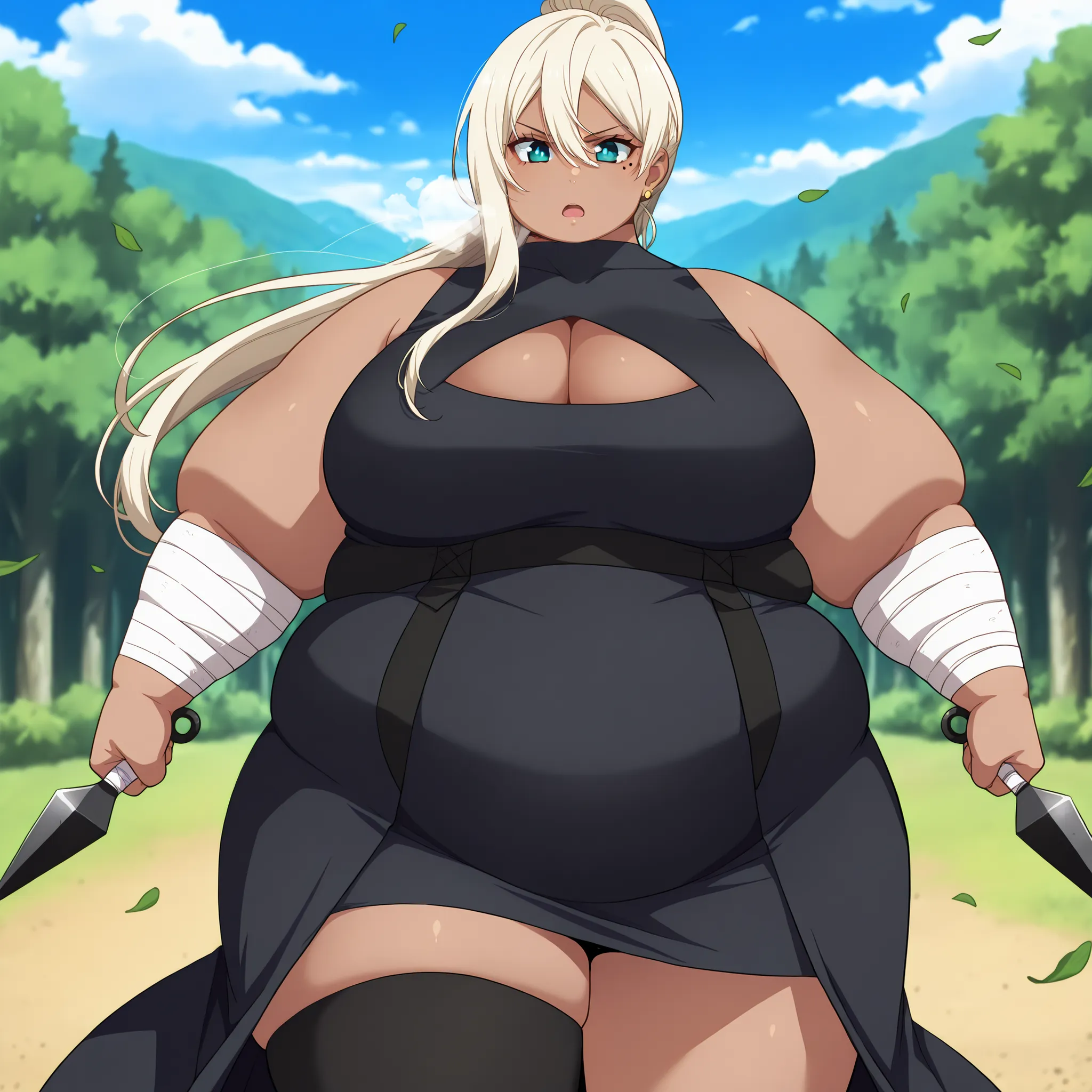 anime screencap, masterpiece, best quality,

1girl, solo, serious, floating hair,
dark-skinned female, asymmetrical hair, high ponytail, hair between eyes, long hair, blonde hair, aqua eyes, bright pupils, mole under eye, single earring, stud earrings,
tur...