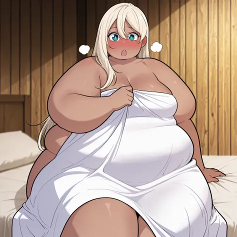 anime screencap, masterpiece, best quality,

1girl, solo, nose blush,
dark-skinned female, straight hair, hair down, asymmetrical hair, hair between eyes, long hair, blonde hair, aqua eyes, bright pupils, mole under eye,
naked sheet, medium breasts, holdin...