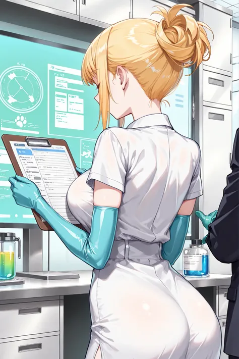 ((Masterpiece)),((best quality)),((incredibly absurdres)),((8K)),(anime style),
1 girl,animal doctor,lab cort,hair up,yellow hair,
a friendly veterinarian standing with a clipboard
rubber gloves,elbow gloves,arms,hands up,
facing away,medium shot,colorful ...