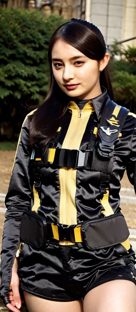 (   very realistic ), ( top quality), ((round,       SMALL AND PRECISE FACE      )),black gloves,black shorts, boots,jacket,shorts, black hair ,big boobs,adult woman , Her breasts are so big and plump   .,  ,   The clothes are perfect for that figure ,Beau...