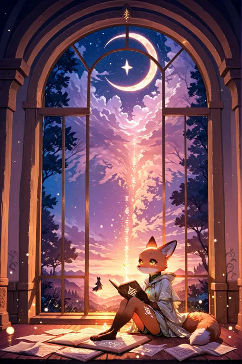 A small anthropomorphic fox with expressive golden eyes sits under a glowing crescent moon, holding a weathered notebook close to its chest. Its fur is reddish-orange with soft white markings, gently ruffled by the night breeze. The fox is surrounded by sc...