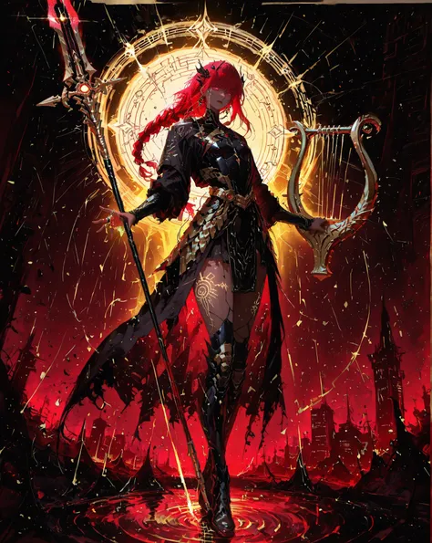 Masterpiece, cinematic lighting, ray tracing, hyper-detailed, full-body concept art in a dark dreamscape. A red-haired cyberpunk warrior woman stands face to face with a tall androgynous entity. The warrior wears a sleek, high-tech armor with glowing cyber...