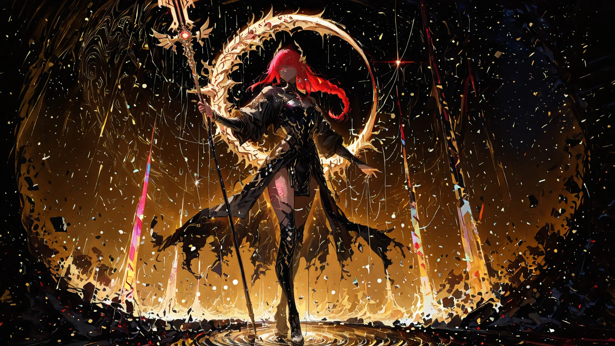Masterpiece, cinematic lighting, ray tracing, hyper-detailed, full-body concept art in a dark dreamscape. A red-haired cyberpunk warrior woman stands face to face with a tall androgynous entity. The warrior wears a sleek, high-tech armor with glowing cyber...