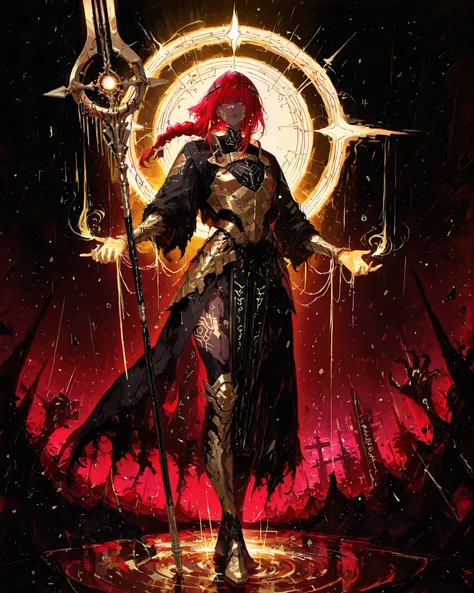 Masterpiece, cinematic lighting, ray tracing, hyper-detailed, full-body concept art in a dark dreamscape. A red-haired cyberpunk warrior woman stands face to face with a tall androgynous entity. The warrior wears a sleek, high-tech armor with glowing cyber...