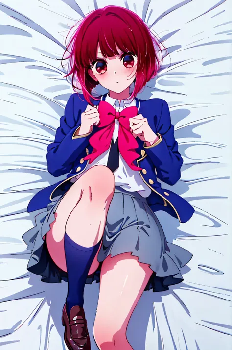 1 person, Arima, high school students, grey miniskirt, school uniform, white sheets, Lie on your back, embarrassing, Red cheeks, Above the knee, thighs
