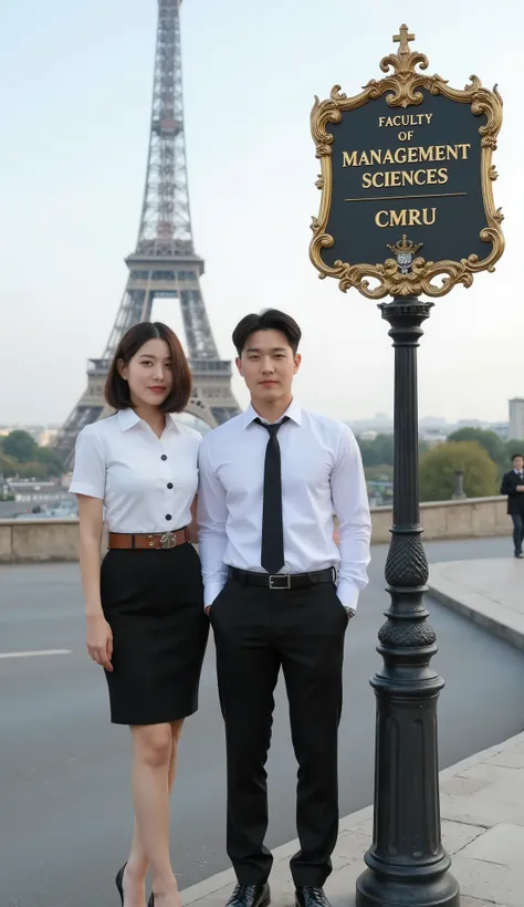 A formal, a full-body image shows a muscled Korean man standing next to a young Korean-Thai woman on the road in Paris.
She has a side bob haircut, showing off her narrow forehead. She has a voluptuous figure. She is chubby-sexy. She wears a Thai Mahalai...