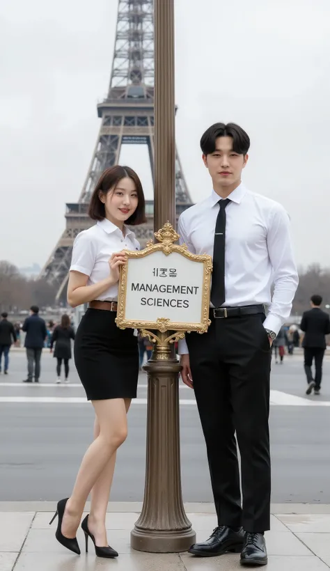 A formal, a full-body image shows a muscled Korean man standing next to a young Korean-Thai woman on the road in Paris.
She has a side bob haircut, showing off her narrow forehead. She has a voluptuous figure. She is chubby-sexy. She wears a Thai Mahalai...