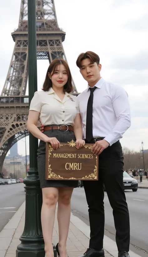 A formal, a full-body image shows a muscled Korean man standing next to a young Korean-Thai woman on the road in Paris.
She has a side bob haircut, showing off her narrow forehead. She has a voluptuous figure. She is chubby-sexy. She wears a Thai Mahalai...