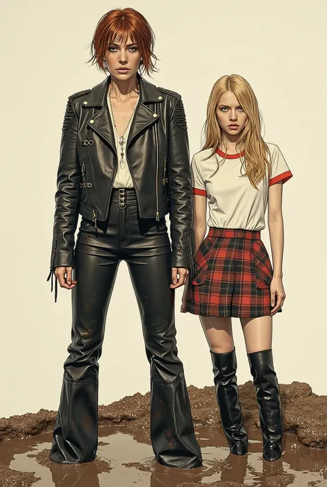 minimalistic, attention-grabbing composition, 1980s style illustration, (1 woman, mid-aged, 40 years old, with bags under her eyes, copper-brunette short haircut, in a faded leather jacket with laces and faded ugly tight flared biker leather pants with la...
