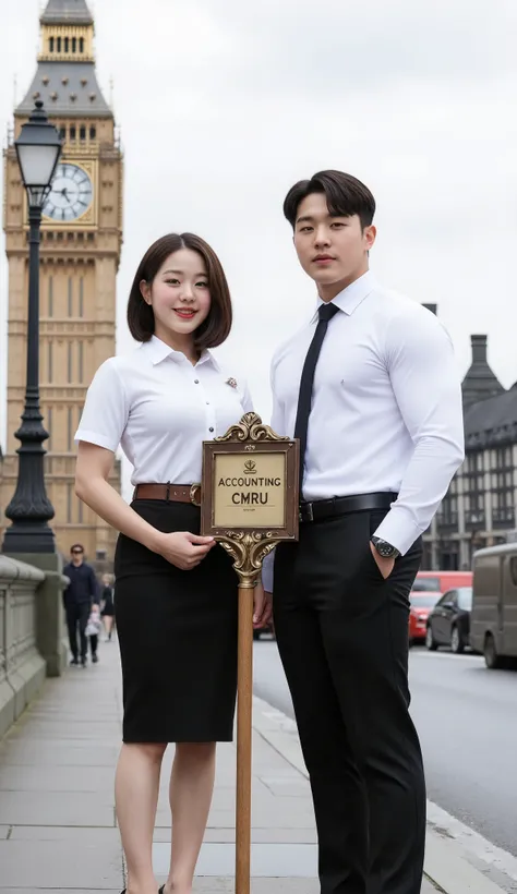 A formal, a full-body image shows a muscled Korean man standing next to a young Korean-Thai woman in London.
She has a side bob haircut, showing off her narrow forehead. She has a voluptuous figure. She is chubby-sexy. She wears a Thai Mahalai uniform (a...