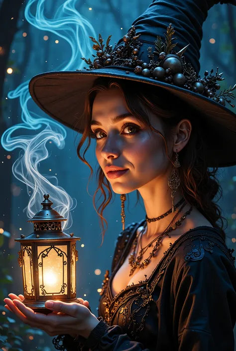 The girl holds a magic lamp in her hand, and from her mouth, sweet lips in a thin haze magical as the wind, the wind is dark blue, the wind swirling lights up a square-shaped lantern with patterned glass, magical light with glitter, beautiful makeup, earri...