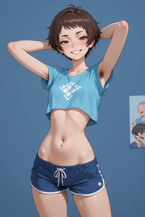 Anime style, At the blue background, ugly girl have very sexy transsexual girl body, legs and stomach, blue T-shirt , sexy face, very mischievous grin, Felix Argyle is very sexy, looks like a androgenic girl, 4k xd, he stand,  skinny, have , face very boyi...