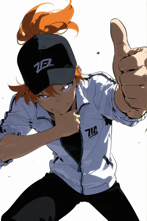 Beautiful, 30 year old, athletic body, toned body, alone, female, long orange hair in ponytail, black cap, blue  black eye, white sport jacket With the sleeves rolled up , zipped jacket, black pants , intricate sketch, expressive eyes, nose and mouth, one ...