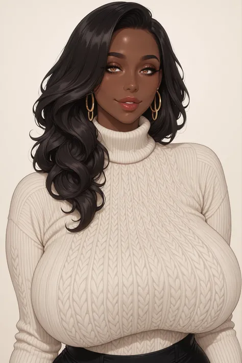 1 hot, milf, Rich girl, very dark skin, eyes black, knitted sweater, ssmile, marvelous, africana