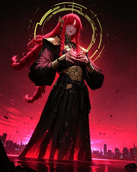 Masterpiece, cinematic lighting, ray tracing, hyper-detailed, full-body concept art in a dark dreamscape. A red-haired cyberpunk warrior woman stands face to face with a tall androgynous entity. The warrior wears a sleek, high-tech armor with glowing cyber...