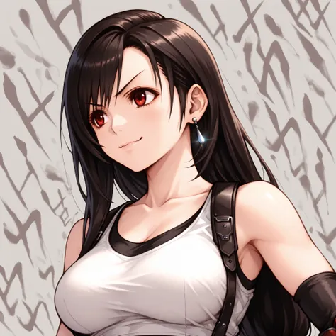 masterpiece, best quality, 1girl, Nomura Style, Tifa Lockhart, red eyes, beautiful black hair, low-tied long hair, large breasts, earrings, head shot, looking away, (giggle:1.2), (v-shaped eyebrows), white background