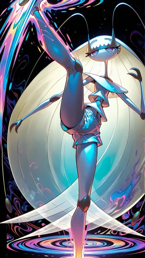 Pheromosa from Pokemon, White Body, (psychedelic cosmic horror), Thin Waist, Very Thin Waist, Wasp Waist, Solo,vibrant colors, cel shading, Simplistic Art Style, solo,((knee kick:1.3)),(action),(acrobat)