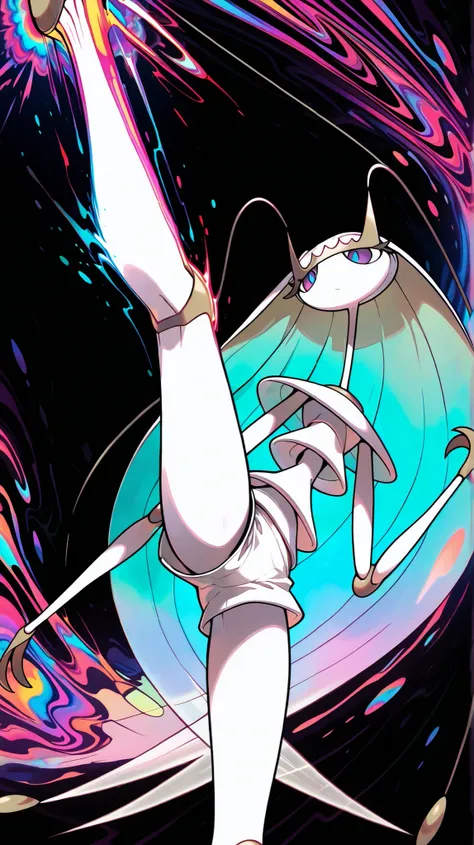 Pheromosa from Pokemon, White Body, (psychedelic cosmic horror), Thin Waist, Very Thin Waist, Wasp Waist, Solo,vibrant colors, cel shading, Simplistic Art Style, solo,((knee kick:1.3)),(action),(acrobat)