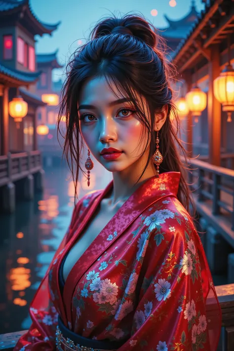 Asian-style girl, beautiful glossy haori with beautiful colors, In the image, warm tones, makeup,  Gorgeous earrings , warm color on the bridge overlooking ancient mahogany buildings, Gorgeous and Beautiful, with delicate features and eyeliner, her gaze is...