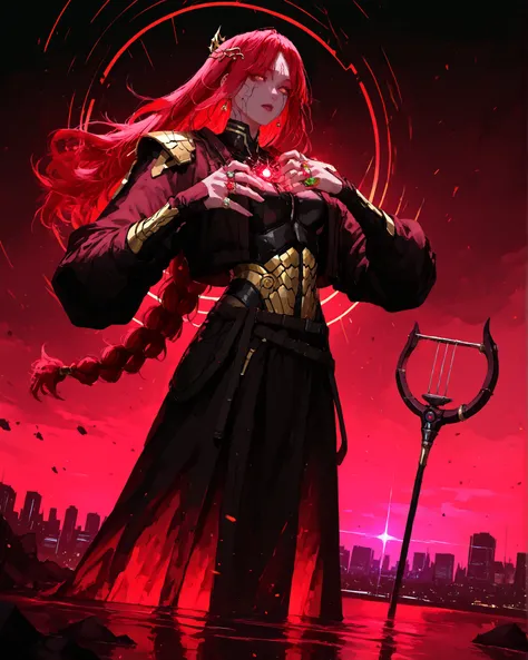Masterpiece, cinematic lighting, ray tracing, hyper-detailed, full-body concept art in a dark dreamscape. A red-haired cyberpunk warrior woman stands face to face with a tall androgynous entity. The warrior wears a sleek, high-tech armor with glowing cybe...