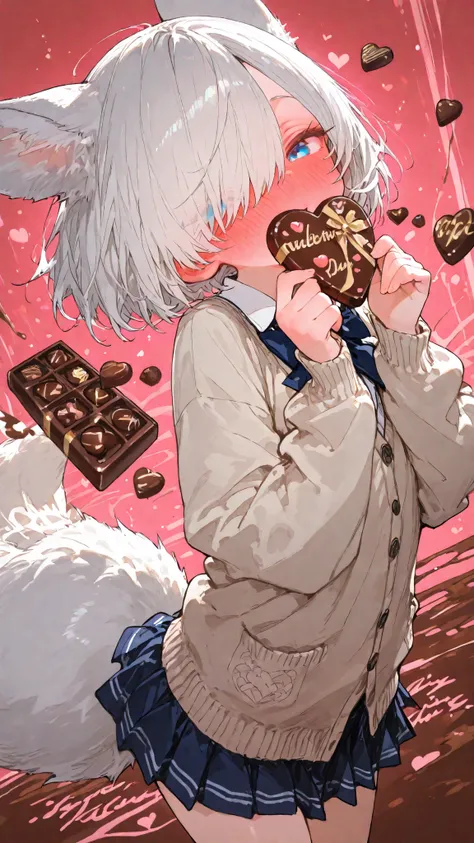 super precise illustration, very elaborate and beautiful face and eyes, Watch Viewers, dynamic, angle, solo, very cute and beautiful girl with fox ears, child, , Silver Hair, ((hair over one eye)), blue eyes, Full Face Blush, School Uniform, cardigan, cow...