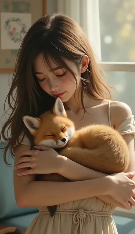A little fox is sleeping while being hugged by others