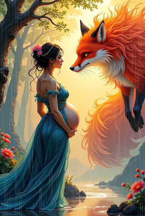busty mature woman with big butts, facing the colorful spirit of the nine-tailed fox, dramatic pose, traditional Japanese ink painting style, expressive brush strokes, vivid colors mixed with black ink, light rain falling throughout the scene, golden sunli...