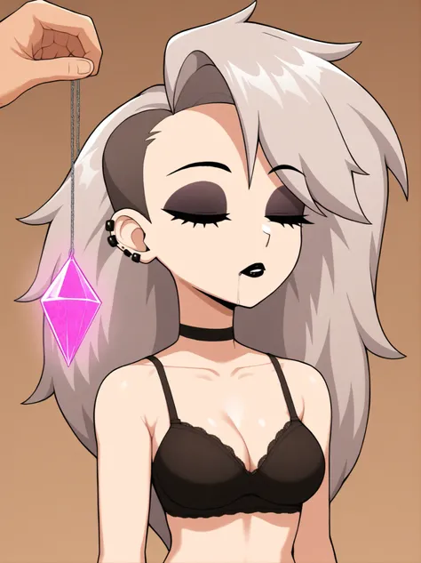 masterpiece, best quality, amazing quality, very aesthetic, absurdres, newest, 1girl, solo, standing, human loona \(helluva boss\), loona, long hair, grey hair, undercut, white sclera, makeup, eyeshadow, black lips, piercing, ear piercing, black choker, up...