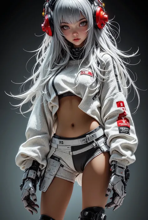 hallucinogenic efect white ,oren,black,red, landasan helikopter militer co pilot, a girl in Mecha costume , cybord , beautiful long hair losse advance digital, she is doing various professional skateboarding poses, looking at viewer,