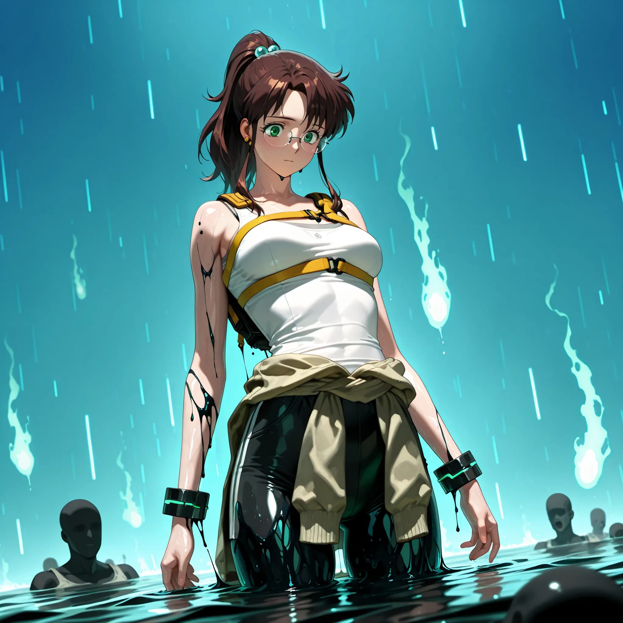 masterpiece, amazing quality, best quality, ultra-detailed, 8K, illustration, clear skin, ultra-detailed-eyes, soft skin, very awa, very as2, soft body, 1990s \(style\), official art, makoto kino, brown hair, green eyes, hair bobbles, medium hair, ponytail...
