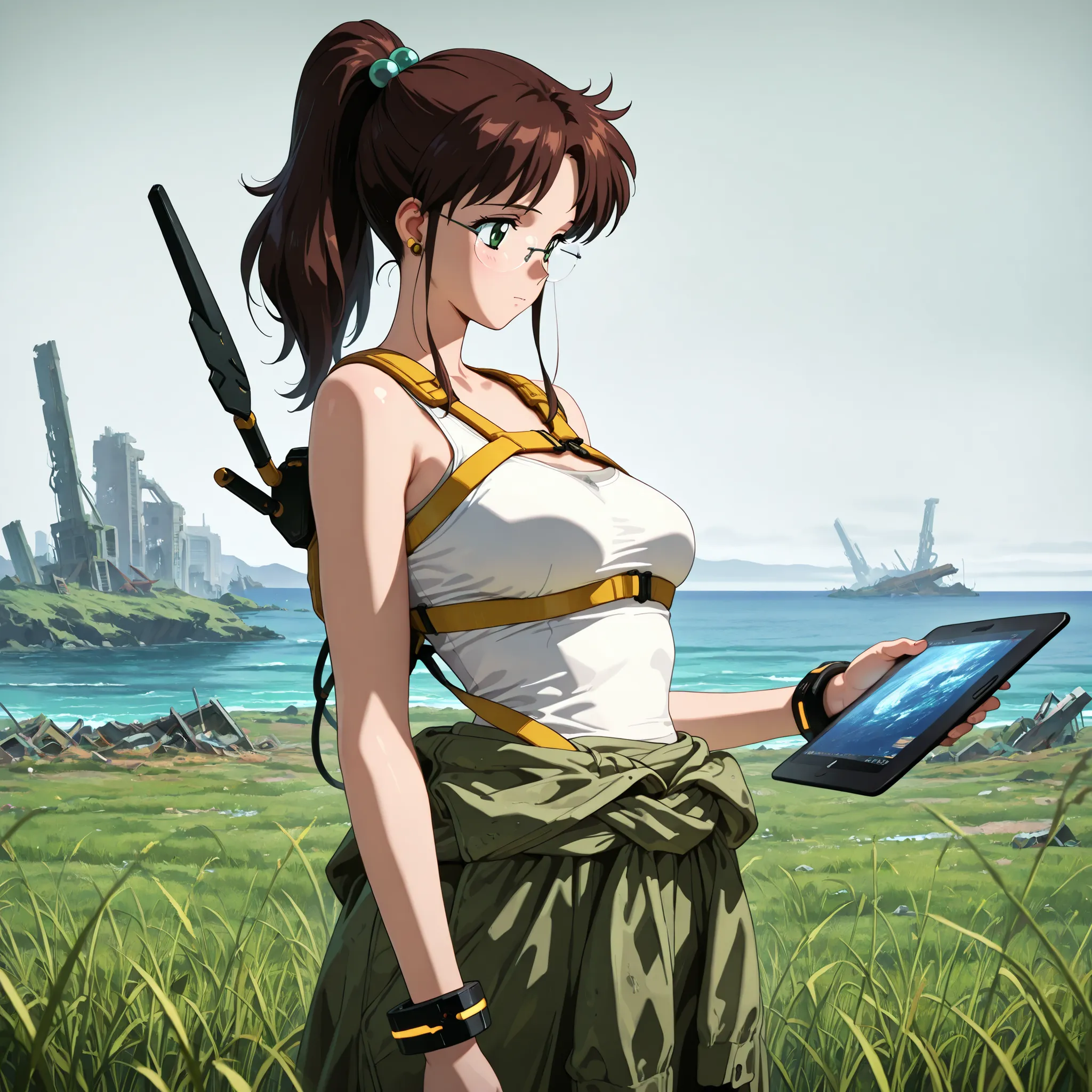 masterpiece, amazing quality, best quality, ultra-detailed, 8K, illustration, clear skin, ultra-detailed-eyes, soft skin, very awa, very as2, soft body, 1990s \(style\), official art, makoto kino, brown hair, green eyes, hair bobbles, medium hair, ponytail...