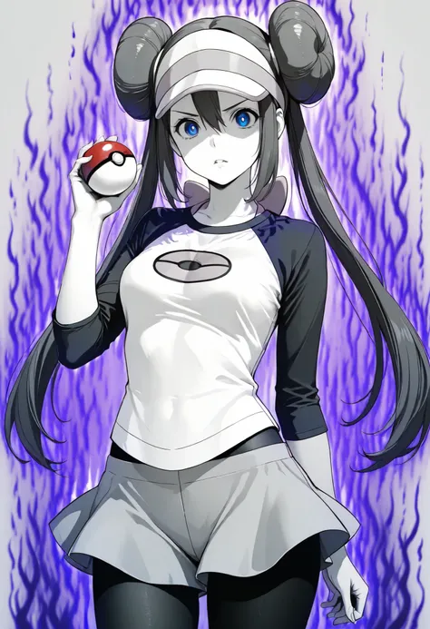 masterpiece, best quality, amazing quality, absurdres, newest, 1girl, solo, dark aura, holding a pokeball, hand up, simple background, serious, parted lips, zzrosa, double bun, doughnut hair bun, hair bun, blue eyes, hair between eyes, twintails, pantyhose...