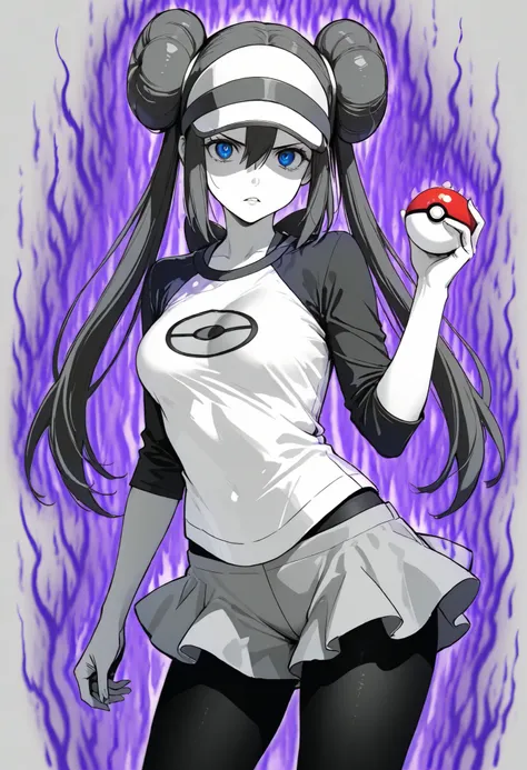 masterpiece, best quality, amazing quality, absurdres, newest, 1girl, solo, dark aura, holding a pokeball, hand up, simple background, serious, parted lips, zzrosa, double bun, doughnut hair bun, hair bun, blue eyes, hair between eyes, twintails, pantyhose...