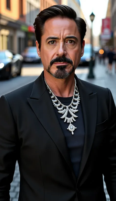 ROBERT DOWNEY JR in a black tuxedo with hyper realistic diamond necklace in full HD in 8k in high quality epicom background with a high quality black lamburini with lamp post a street and houses in the United States, upper body