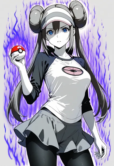 masterpiece, best quality, amazing quality, absurdres, newest, 1girl, solo, dark aura, holding a pokeball, hand up, simple background, serious, parted lips, zzrosa, double bun, doughnut hair bun, hair bun, blue eyes, hair between eyes, twintails, pantyhose...