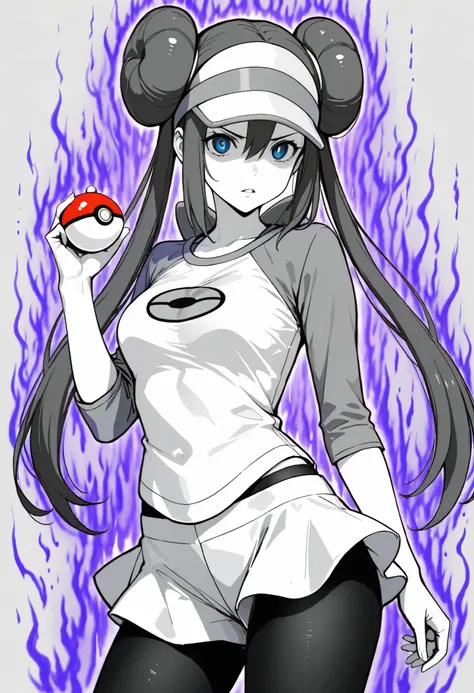masterpiece, best quality, amazing quality, absurdres, newest, 1girl, solo, dark aura, holding a pokeball, hand up, simple background, serious, parted lips, zzrosa, double bun, doughnut hair bun, hair bun, blue eyes, hair between eyes, twintails, pantyhose...