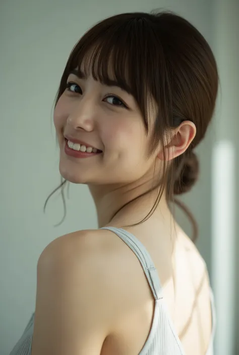 A high-resolution photo of a stunning Japanese woman turning slightly toward the camera, captured mid-motion. Shot from behind at a 3/4 angle, showing her graceful neck and elegant back while she looks over her shoulder with a soft, inviting smile. Her pos...