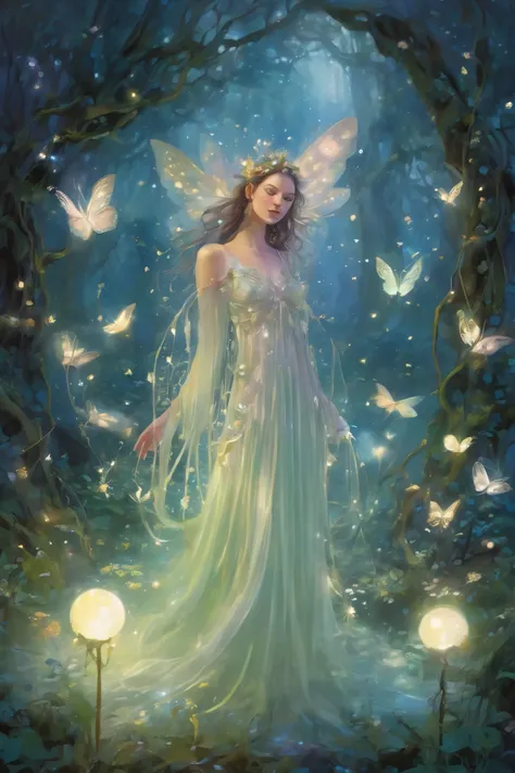 A moonlit fae ball in a glimmering forest clearing draped with silver mist and glowing toadstools, where elegant fae women dance beneath a canopy of bioluminescent vines. Their gowns shimmer like spun glass and are adorned with dew-kissed petals, wisps of ...