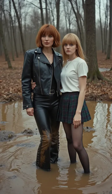 minimalistic, 1980s style film photo, (1 woman, mid-aged, 40 years old, with bags under eyes, copper-brunette short haircut, in a faded leather jacket and faded ugly tight flared biker leather pants with laces) and (1 girl, 20 years old, long blond hair, ...