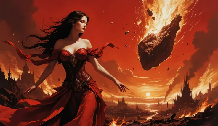Digital art, fantasy painting, surrealism, (masterpiece), (Super detailed), UHD, 8k.
Featuring a powerfull Gipsy sorceress invoking a meteorite (giant rock in flammes).
Red outfit, intricate details, skirt, cape, corset, long dark hair, beautiful eyes, red...